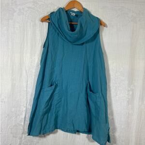 Match Point USA Tunic Small Teal Cowl Neck 100% Linen Patch Pockets Asymmetric